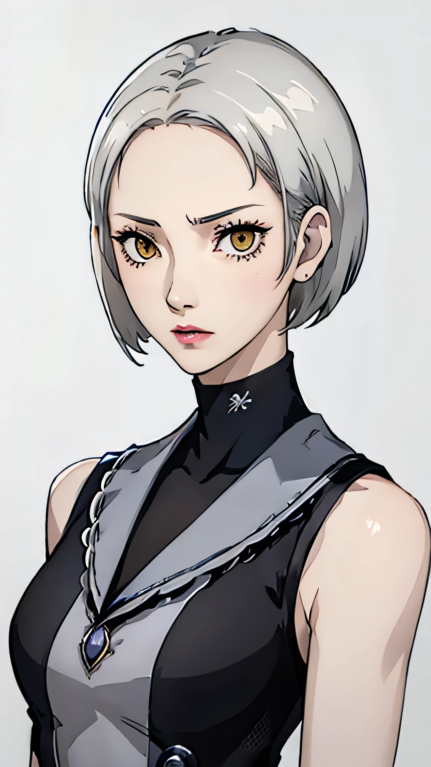 1 girl, very short hair, silver hair, yellow eyes, angry, lipstick, forehead, black choker, face portrait, dark blue velvet room dress, front face, white background, Ada wong silver hair