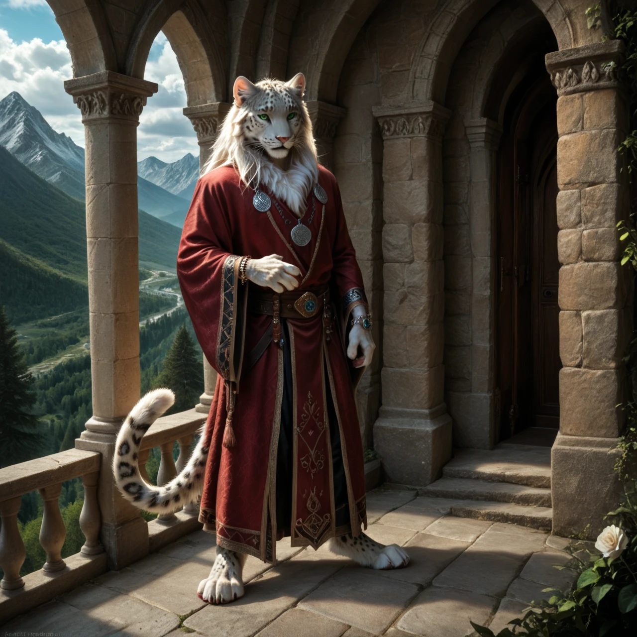 score_9, score_8_up, score_7_up, score_6_up, chapel, white leopard, male, with mane, paladin, anthro, felid, feline, standing, human-like hands, (detailed background), nature, in the high mountains, fur, solo, high quality, furred body, paws, handpaw, fluffy, silver bracelets on the legs, (detailed eyes, green eyes), slightly muscled, highly detailed, realistic fur, beautiful, photorealism, photorealistic, dslr, photo, expressive, full body, pawpads, paw pads, dutch angle, with claws, silver collar with medallion