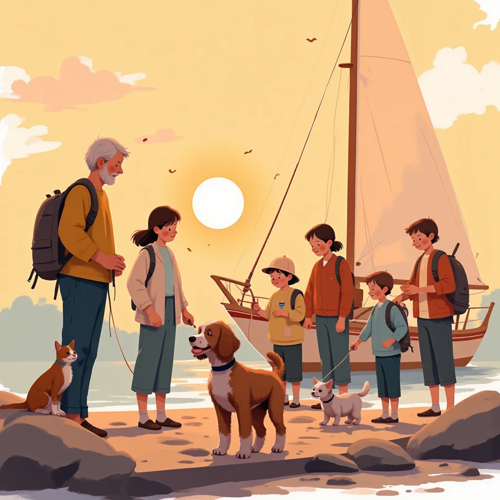  family of 8 people , an older man,  A woman , mayor, 4 young people and 2 ren , A brown and white poodle dog, And two cats,  they return from fishing and are in a port ,  have the fish caught ,  in the background there is a cream-colored sailboat ,  with a red stripe on the upper part of the bow, a beautiful sunset, calm sea, alta definición, s illustration  
