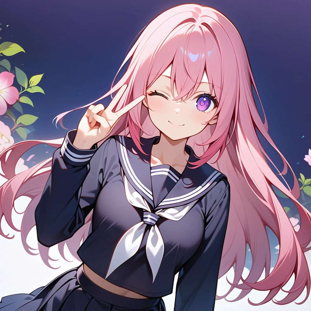 best quality, amazing quality, great quality, absurdres, 1girl, solo, pink hair, purple eyes, hair between eyes, long hair, black sailor collar, black skirt, school uniform, serafuku, white neckerchief, standing, v, upper body, looking at viewer, floral background, one eye closed, smile, closed mouth, grid background,