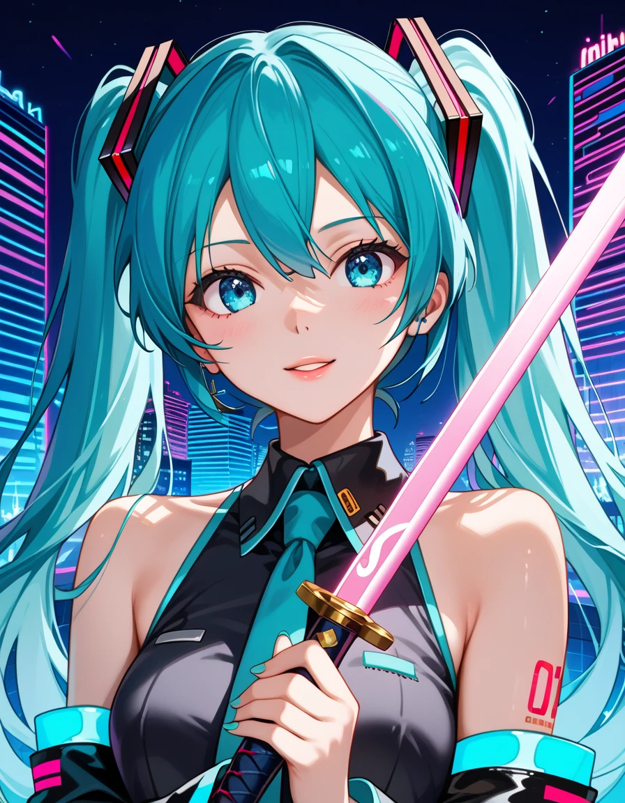 anime girl with long hair and blue eyes holding a sword, jen bartel, glowing neon, neon samurai, hatsune miku portrait, neon and dark, neon color bleed, cyan and magenta, anime abstract art, anime style 4 k, anime art wallpaper 8 k, glowing with colored light, portrait of hatsune miku, [ synthwave art style ]!! ]!!