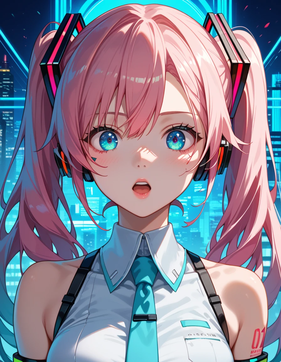 anime girl with long hair and blue eyes holding a sword, cyberpunk art by Ryan Yee, pixiv contest winner, shock art, jen bartel, glowing neon, neon samurai, hatsune miku portrait, neon and dark, neon color bleed, cyan and magenta, anime abstract art, anime style 4 k, anime art wallpaper 8 k, glowing with colored light