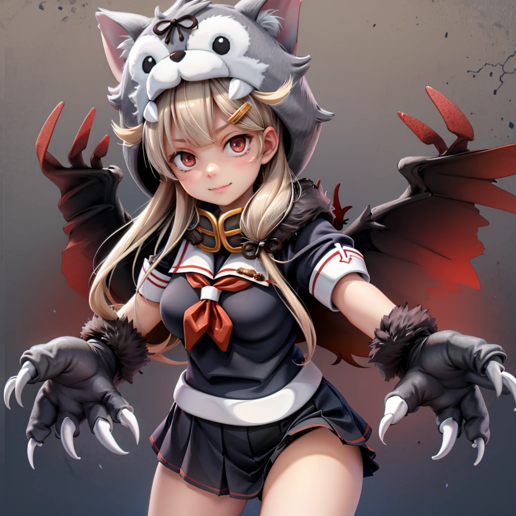 poi3, animal hood, animal hands, yuudachi kai ni \(kancolle\), black serafuku