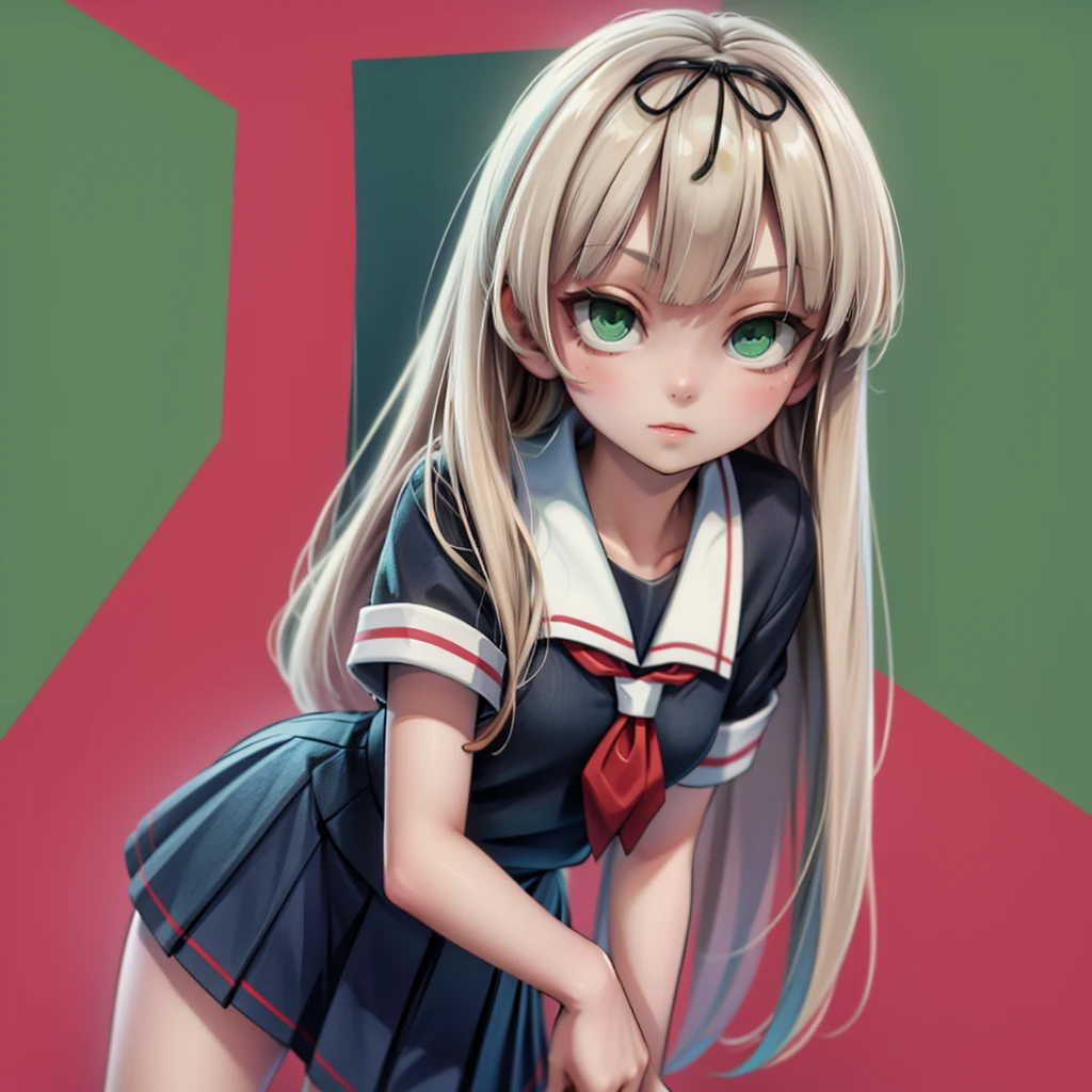 poi1, green eyes,school uniform, hair ribbon