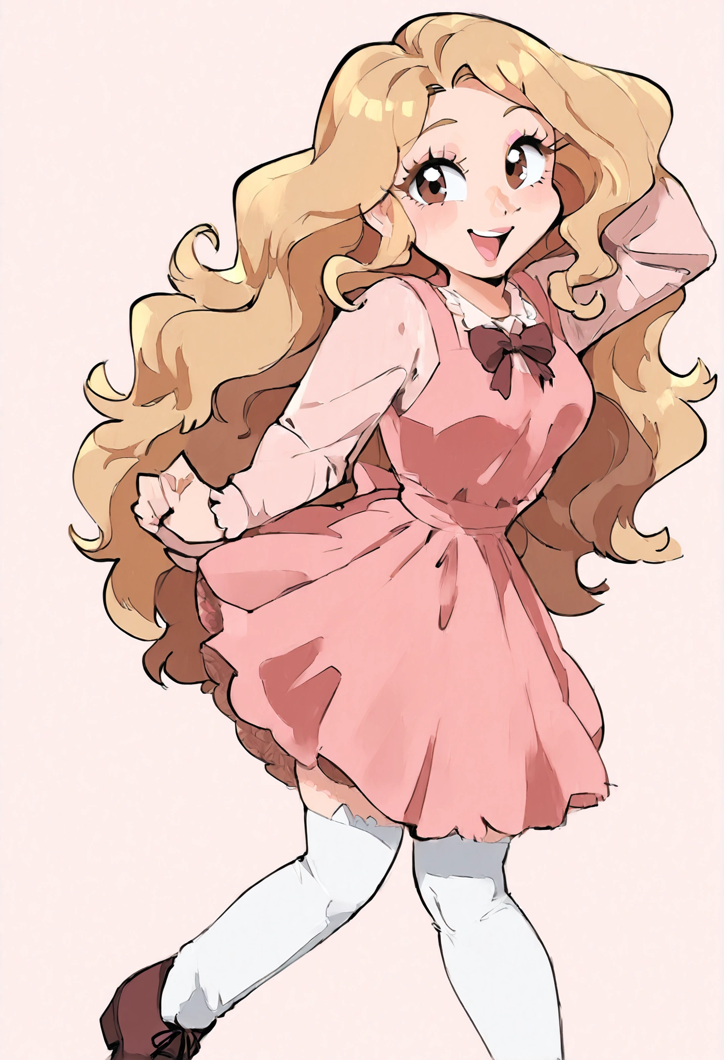  hairy, yellow cat with brown eyes ,  medium wavy blonde hair , happy smile,  long eyelashes ,  wearing a short pink dress with a low and large neckline 