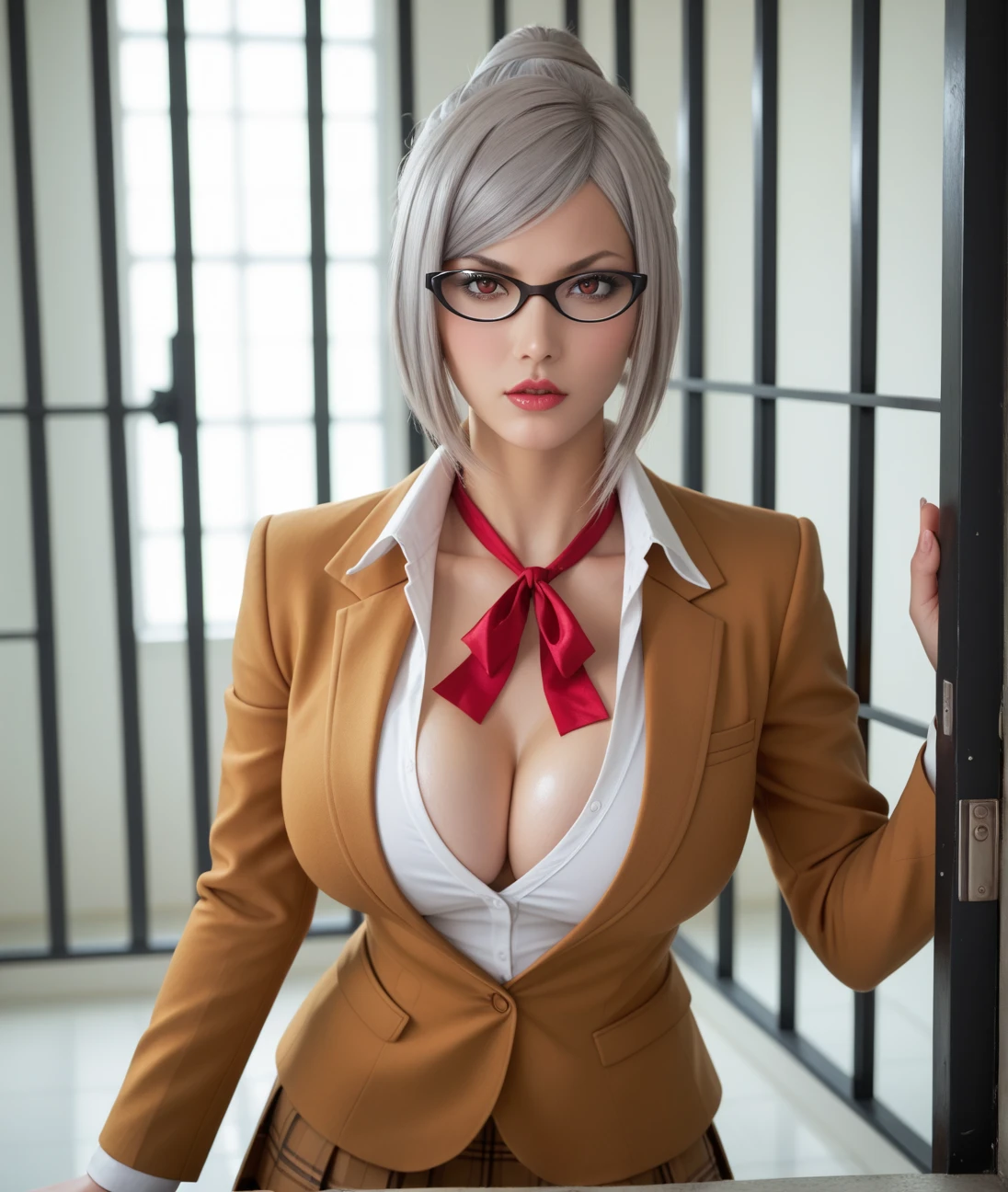 Meiko, Prison school, ultra detailed face and delicate eyes, score_9, score_8_up, ultra detailed, beautiful doe eyes, hyperrealistic, 1girl, young woman, beautiful doe eyes, silver hair, BREAK glasses, white blouse, light brown blazer, wore a red ribbon around her neck, pleats mini skirt, tights high, natural gigantic breasts, cleavage, accentuated cleavage, detailed realistic skin texture, fine-textured skin, (shiny skin:0.7), (indoor, in Highschool), (pov), masterpiece, best quality, absolutely resolution