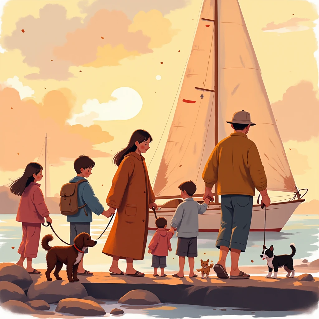  family of 8 people , an older man,  A woman , mayor, 4 young people and 2 ren , A brown and white poodle dog, And two cats,  they return from fishing and are in a port ,  have the fish caught ,  in the background there is a cream-colored sailboat ,  with a red stripe on the top of the bow, a beautiful sunset, calm sea, alta definición, s illustration  
