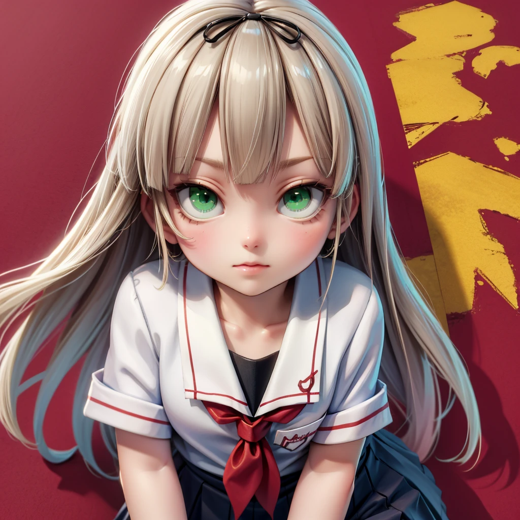 poi1, green eyes,school uniform, hair ribbon