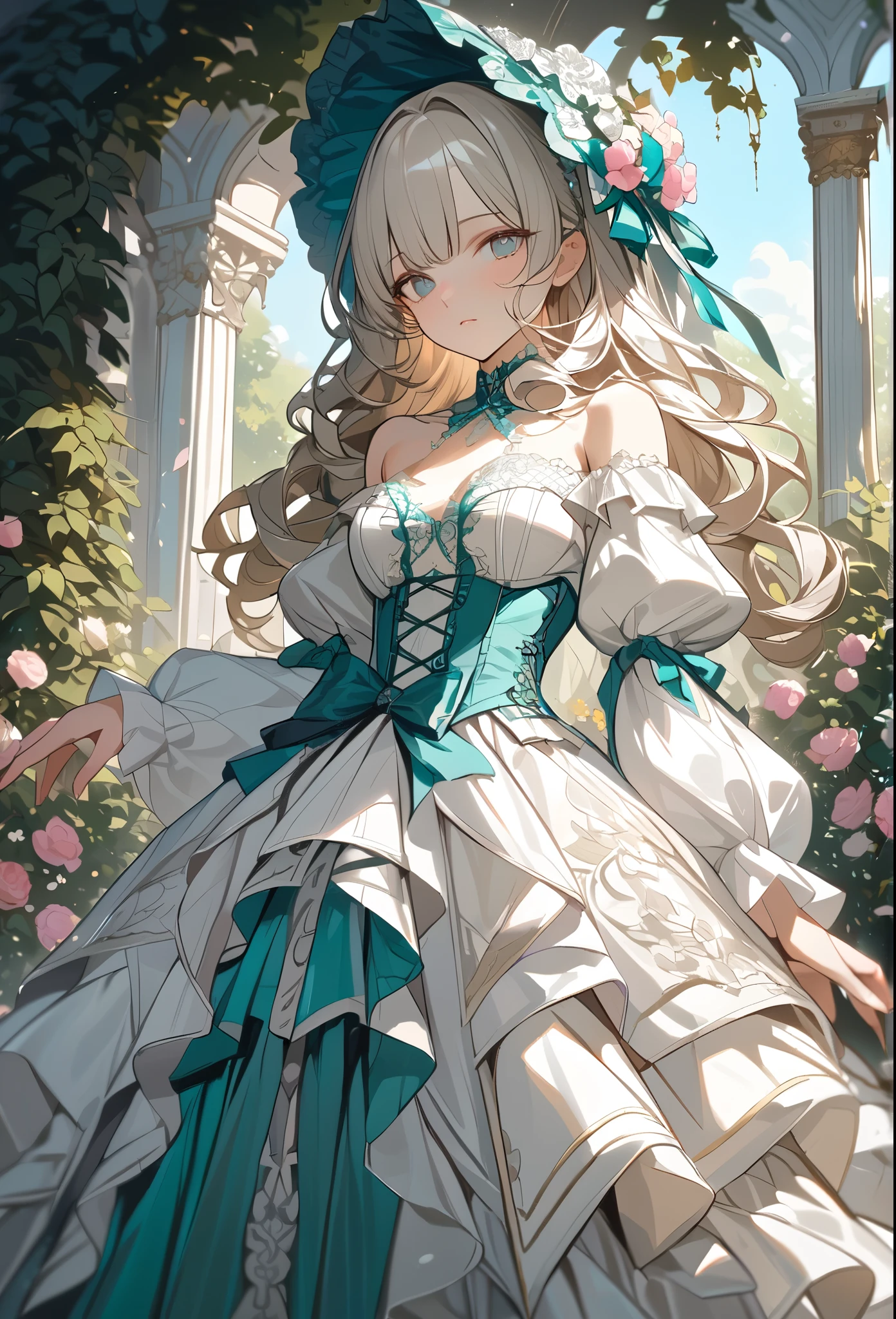 "Masterpiece, best quality, ultra-detailed, high resolution, sharp focus, intricate details, vivid colors, clean outlines, refined rendering.

1girl, silver-blonde hair, blunt bangs, soft gray eyes,
Victorian Rococo gown, pastel teal and ivory color scheme, luxurious fabric, intricate lace details, layered ruffled skirt, delicate floral embroidery, pink satin bows, pearl embellishments, fitted corset bodice, puffed sleeves, off-shoulder design, elegant neckline,  
ornate floral bonnet, decorated with lace, ribbons, and pink flowers,  curly hair, soft waves, natural light,  
standing in a garden, blooming white flowers, vibrant greenery, clear blue sky, soft shadows, elegant and poised pose, feminine and graceful. looking at viewer, calm and composed expression, poised posture.