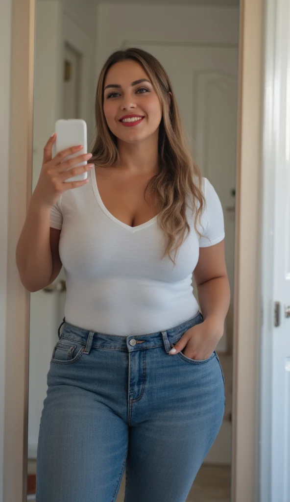 Brunette woman taking a mirror selfie in her bathroom wearing a casual neckline t-shirt and blue jeans pants, long straight hair, natural big breasts, busty cleavage, big hips, thick thighs, soft smile,accurate details, using make-up, red lipstick, full body picture, shoes, daily north American wife, Mississippi woman,High Resolution, Accurate, Best Quality, HD, High Details, High Quality, Super Detailed, 