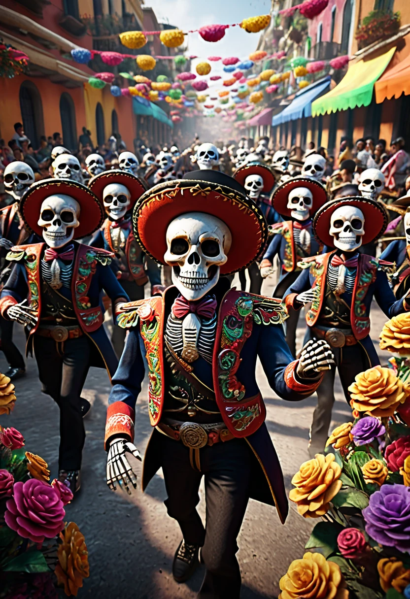 people party along side a group  of mariachi  skeletons having fiesta, random background, symmetrical, high resolution, fine art, cinematic screenshot, masterpiece, vibrant, production cinematic character, ultra high quality, rendered in unreal engine, sharp focus, ultra photorealistic, intricate artwork, masterpiece, epic, highly detailed, trending on CG Society, epic, random pose