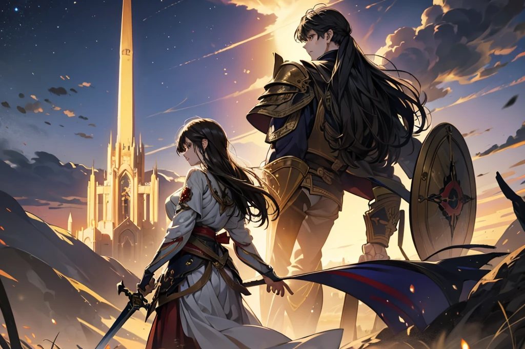  top quality 、8k、A dark-haired young man with short hair wears golden armor and clutches a sword and shield、A dark-haired shrine maiden with medium long hair、 couple standing back to back 、 An immoral background with an eerie shadow of a spire towering over the twilight sky、 anatomically correct appearance 、Biologically Correct Appearance、