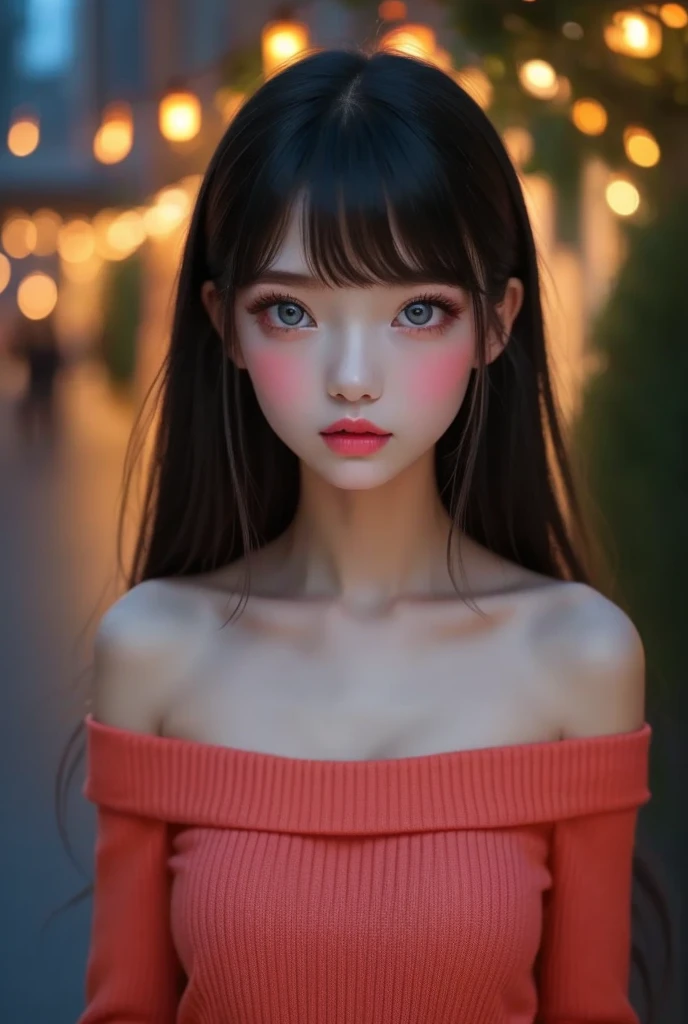 Very realistic, Hyperrealism , super real , (masterpiece, refined eyes with attention to detail : 1.2), (cute), 15-year-old girl、she is a girl with smooth shiny black pink hair.,age 15 、 Christmas Decorations at Night at the Park When Snow Pours and Pile Up、 stand with a Christmas present in your hand, red ribbon、The length of the hair is shoulder length , Contrasting with her very pale skin. your eyes are deep blue , plump, Shiny pink lips . Her gaze is sharp 、mysteries.. She has a clear face, beautiful face and sharp expression , off-shoulder、white mini sweater dress、 black tights,Black High Heels,