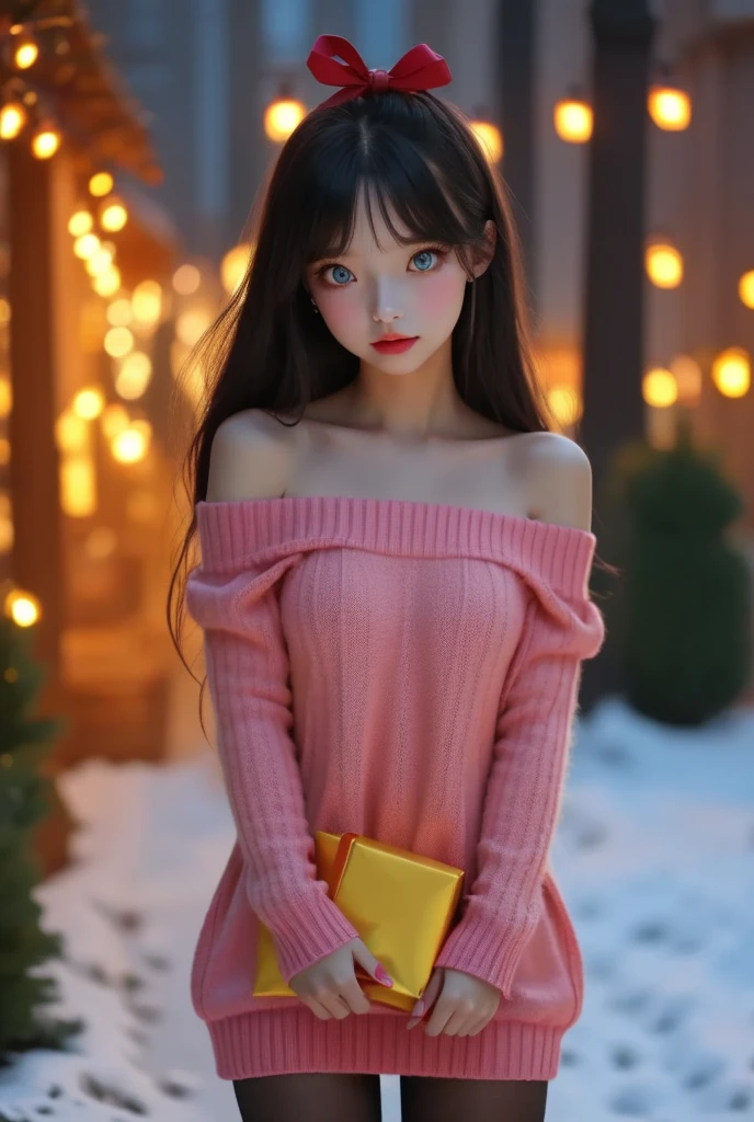 Very realistic, Hyperrealism , super real , (masterpiece, refined eyes with attention to detail : 1.2), (cute), -yeld gishe is a girl with smooth shiny black pink hair.,age 15 、 mas Decorations at Night at the Park When Snow Pours and Pile Up、 stand with a Christmas present in your hand, red ribbon、The length of the hair is shoulder length , Contrasting with her very pale skin. your eyes are deep blue , plump, Shiny pink lips . Her gaze is sharp 、mysteries.. She has a clear face, beautiful face and sharp expression , off-shoulder、white mini sweater dress、 black tights,Black High Heels,