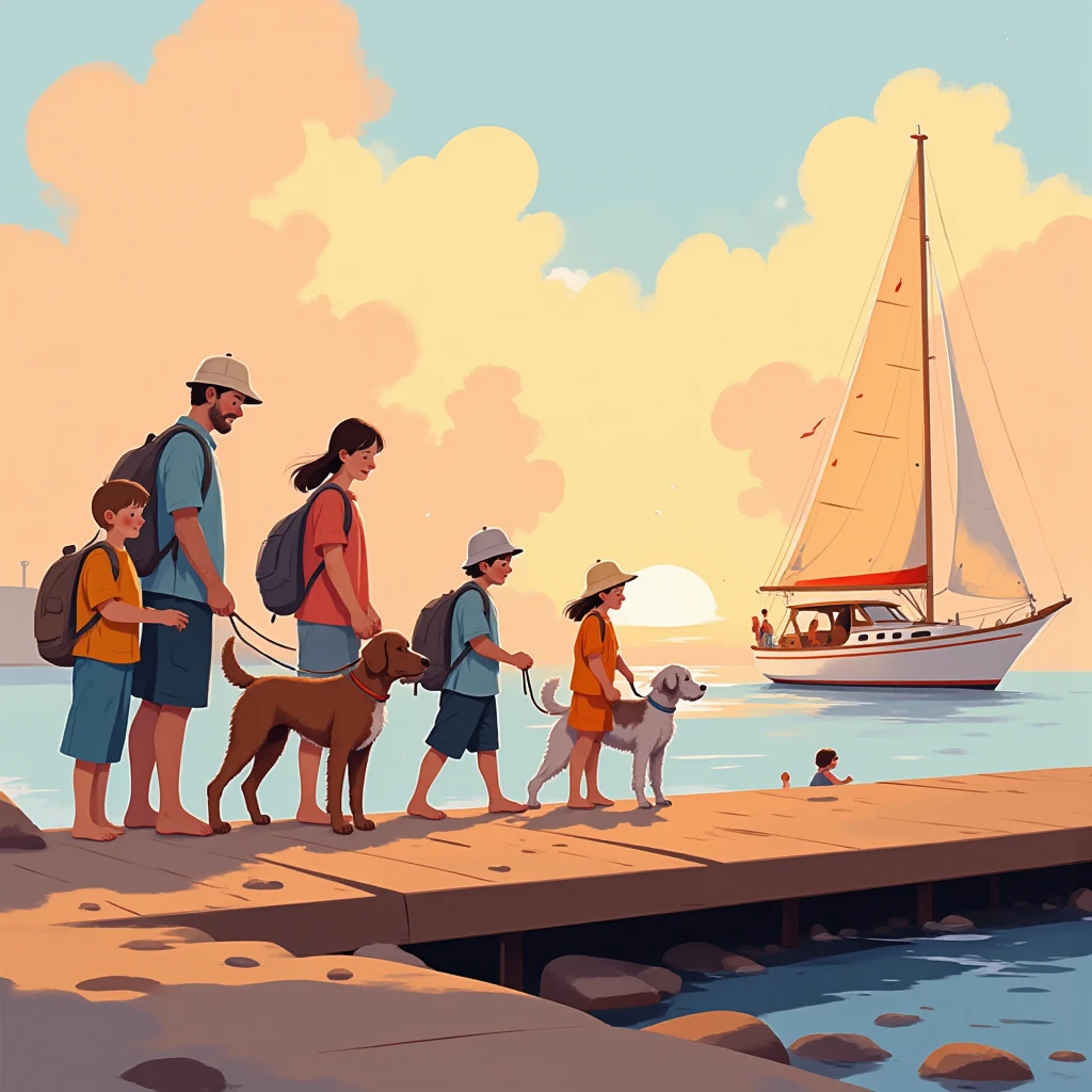  family of 8 people , an older man,  A woman , mayor, 4 young people and 2 ren , A brown and white poodle dog, They come back from fishing and are in a small port,  have the fish caught ,  in the background there is a cream-colored sailboat ,  with a red stripe on the top of the bow, a beautiful sunset, calm sea, alta definición, s illustration  
