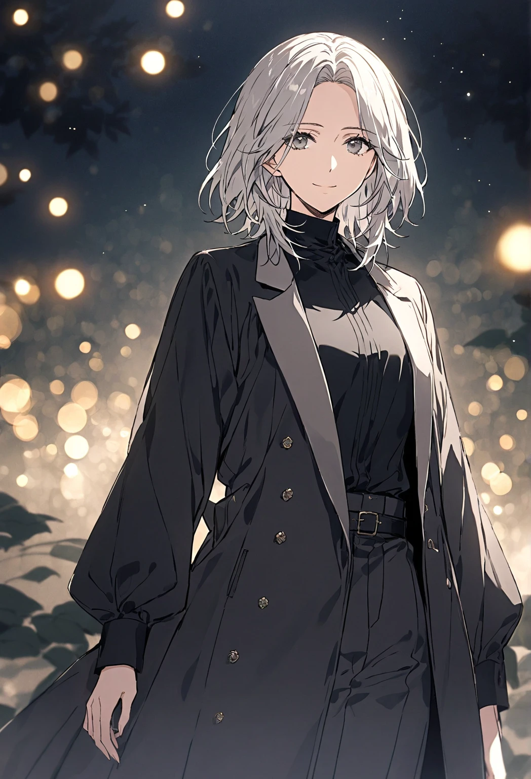 Tatiana Cartien, solo, alone, standing, A mature woman with short silver hair and grey eyes, calm, elegant, black shirt and pant with long coat, close mouth, smile, standing on a magical dreamy celestial forest alone, fantasy deserted land, night sky, cinematic depth of field, bokeh, looking at the viewer,