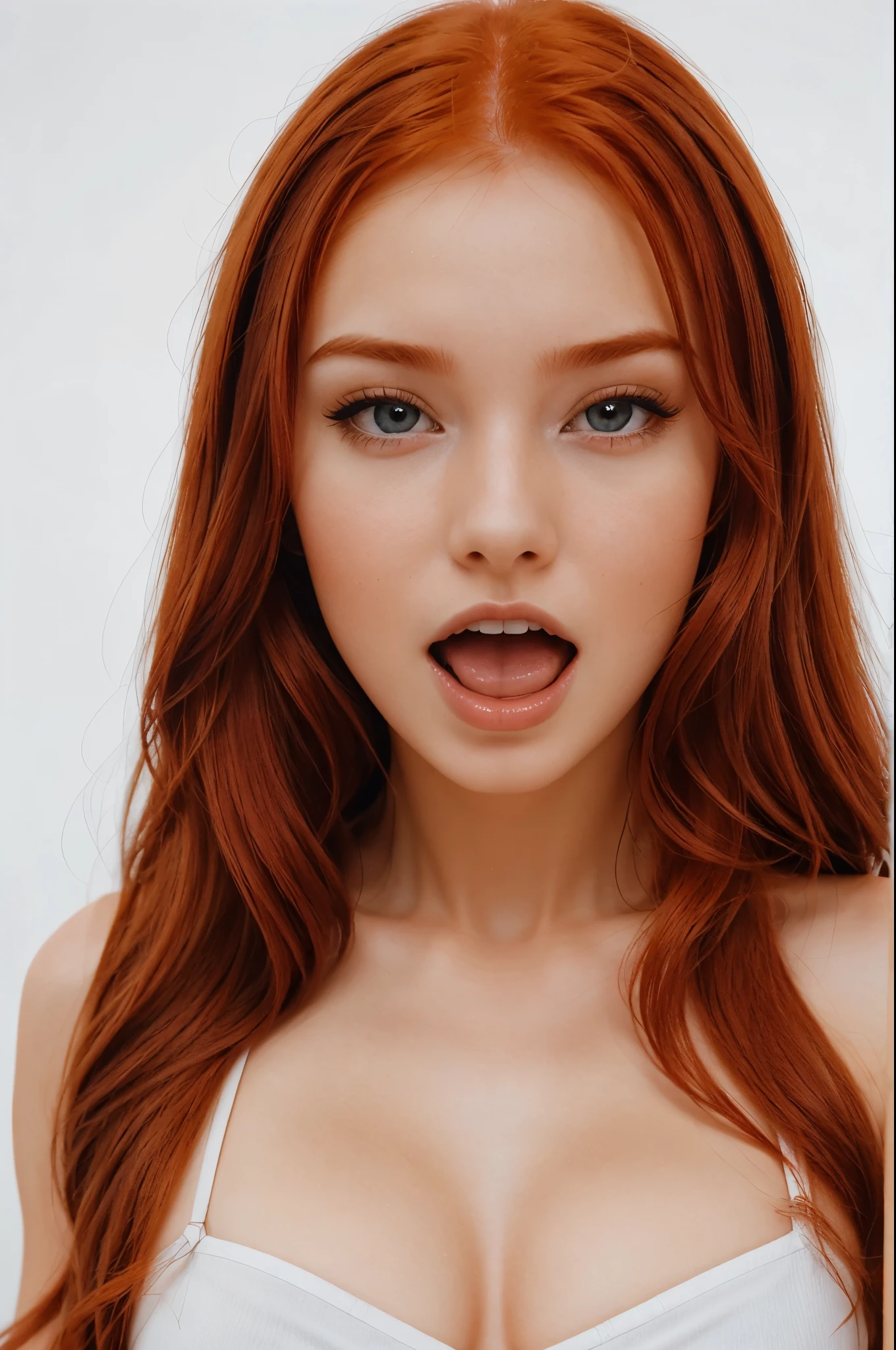  Stunning 20 year old woman with long red hair, high quality, 4k face photo face portrait on white background ( shows language, Orgasm sex,  open mouth )
