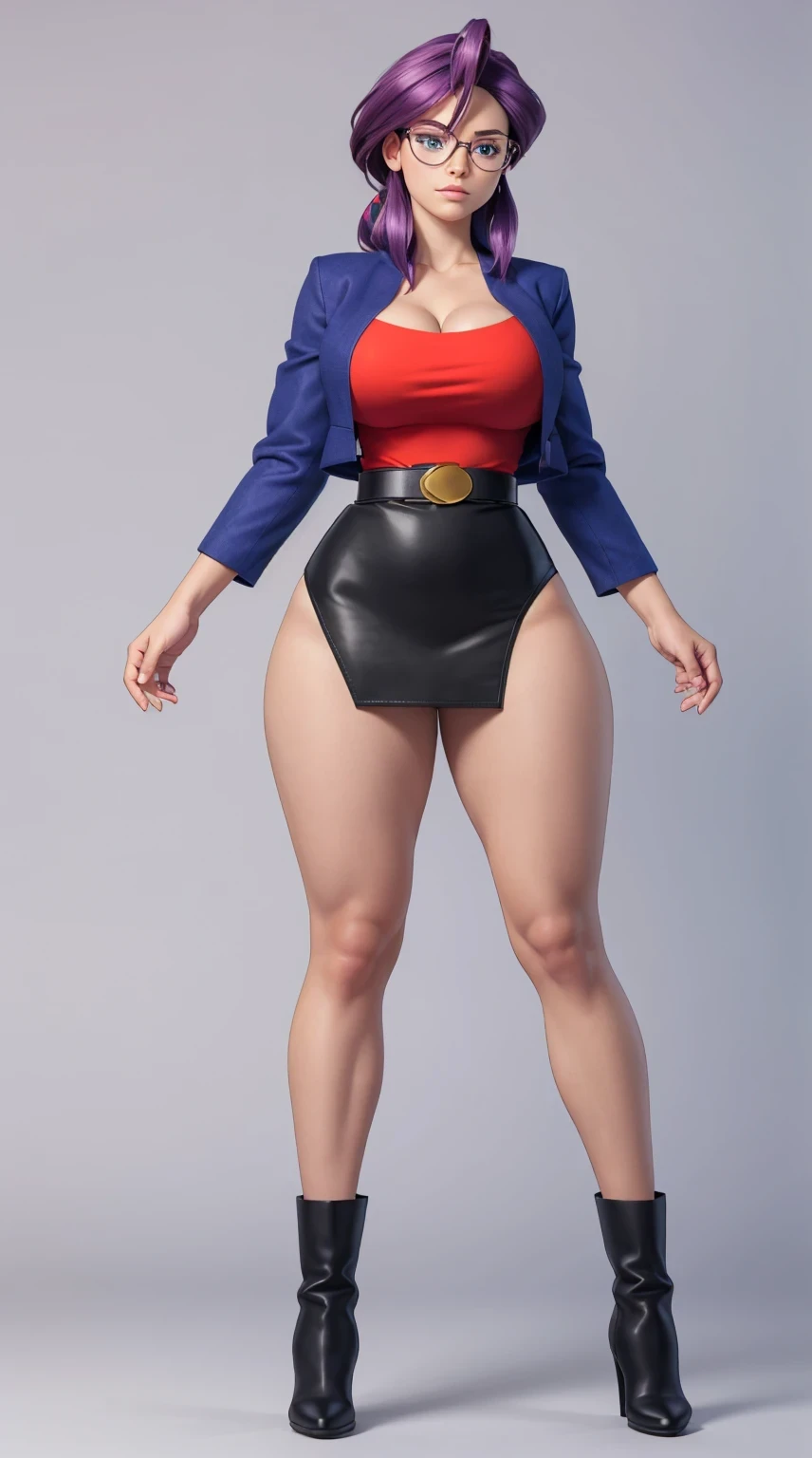 animeLorelei, purple hair, blue eyes, hair between eyes, glasses, blue jacket, red shirt, cleavage, belt, pencil skirt high detailed, masterpiece, as cartoon character, perfect hands, round breasts, wide hips, thick thighs, ultra realistic digital art, clean scene, white background, full body knew high boots