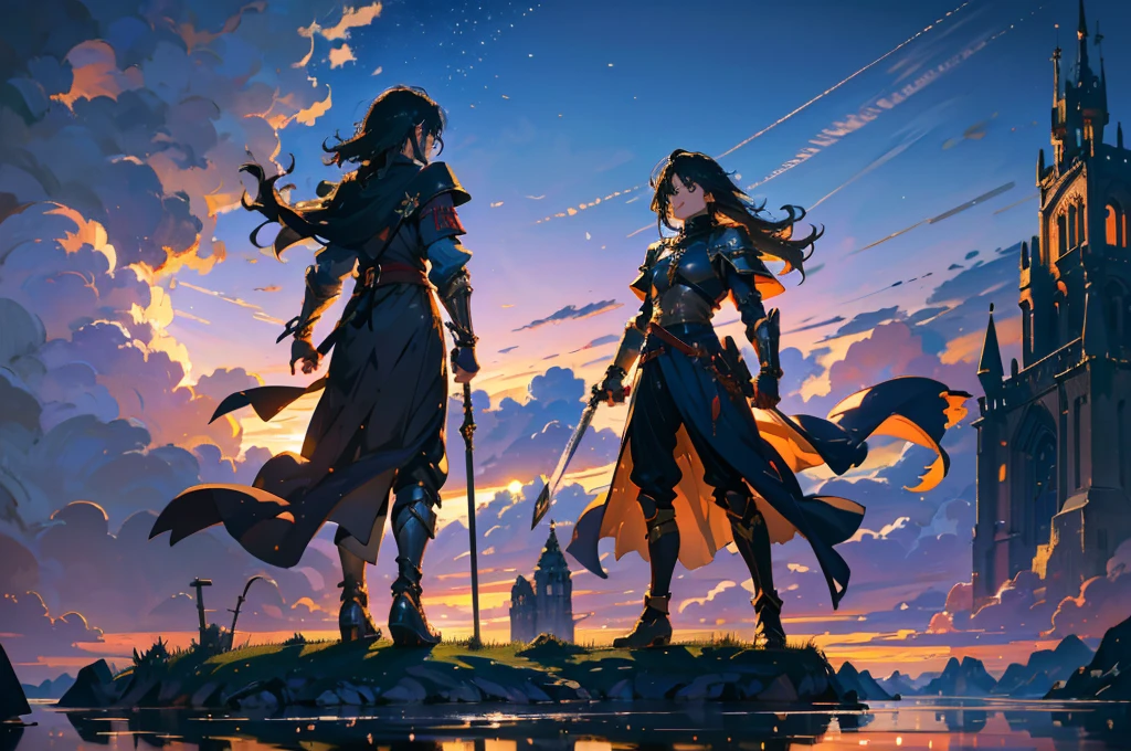  top quality 、8k、A dark-haired young man with short hair wears golden armor and clutches a sword and shield、A dark-haired shrine maiden with medium long hair、 couple standing back to back 、 An immoral background with an eerie shadow of a spire towering over the twilight sky、 anatomically correct appearance 、Biologically Correct Appearance、