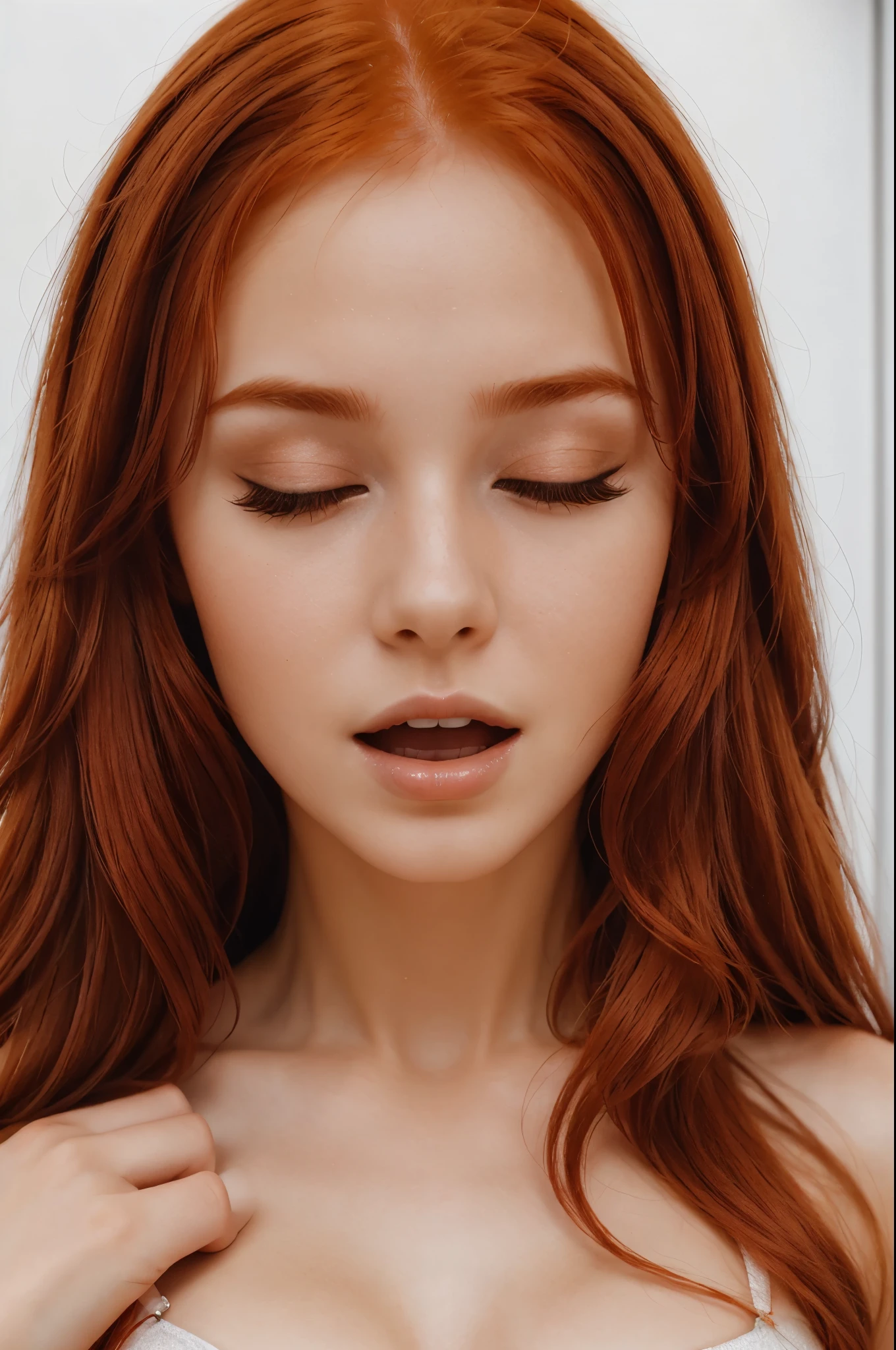  Stunning 20 year old woman with long red hair, high quality, 4k face photo face portrait on white background eyes closed ( shows language, Orgasm sex,  open mouth )
