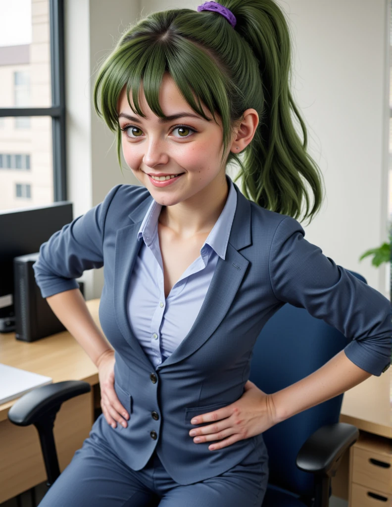 (ultrarealistic:1.3)  igarashifutaba standing in an office environment. She has fair skin and long, green hair tied back in a high ponytail with a purple hair tie. she is smiling with a smug expression. She is wearing a blue over a white dress shirt, black tights, and black shoes. Her arms are on her hips, and she is seated on a dark blue office chair with a cushioned backrest. Her cleavage is showing.