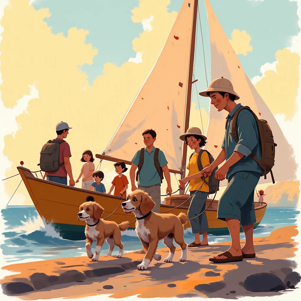  family of 8 people , an older man,  A woman , mayor, 4 young people and 2 ren , a brown and white poodle dog,  they come back from fishing and they are in a big port, They have the fish caught ,  in the background there is a cream-colored sailboat ,  with a red stripe on the top of the bow, a beautiful sunset, calm sea, alta definición, s illustration  
