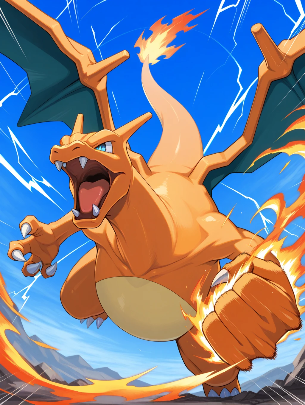 masterpiece, best quality,   Charizard, no humans, solo, wings, fire, angry, attacking, sky, blue sky, claws, motion lines, dynamic pose,(thunder fist)