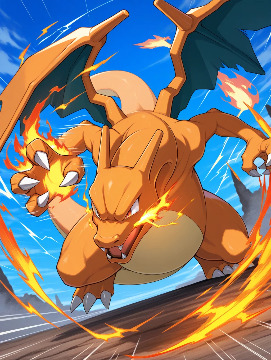 masterpiece, best quality,   Charizard, no humans, solo, wings, fire, angry, attacking, sky, blue sky, claws, motion lines, dynamic pose,(thunder fist)