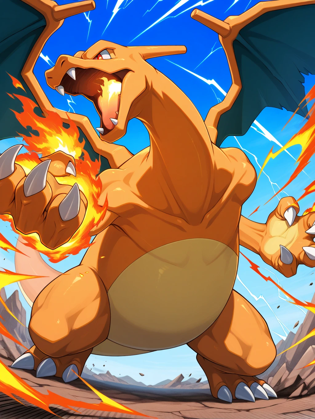 masterpiece, best quality,   <lora:CharizardPokedexIXL:1.0>,   Charizard, no humans, solo,  standing on a volcanic cliff, glowing magma below, roaring, flames erupting from its mouth, intense battle pose, glowing orange and red lighting, ash and smoke in the air, dynamic and powerful, cinematic atmosphere