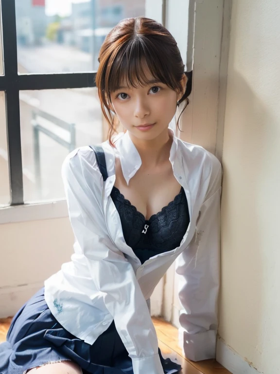 ((top quality vest, 8K, masterpiece: 1.3, Raw photo)), sharp focus: 1.2, (1 aespa girl: 1.1), (alone: 1.18), (realistic, photo-realistic:1.37), face focus, cute face, (small breasts, flat chest, thigh: 1.3), messy short hair, ponytail, (girls high school uniform), (on all fours: 1.2), flower, cinematic lighting,