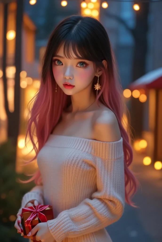 Very realistic, Hyperrealism , super real , (masterpiece, refined eyes with attention to detail : 1.2), (cute), 15-year-old girl、she is a girl with smooth shiny black pink hair.,age 15 、 Christmas Decorations at Night at the Park When Snow Pours and Pile Up、 stand with a Christmas present in your hand, red ribbon、The length of the hair is shoulder length , Contrasting with her very pale skin. your eyes are deep blue , plump, Shiny pink lips . Her gaze is sharp 、mysteries.. She has a clear face, beautiful face and sharp expression , off-shoulder、white mini sweater dress、 black tights,Black High Heels,