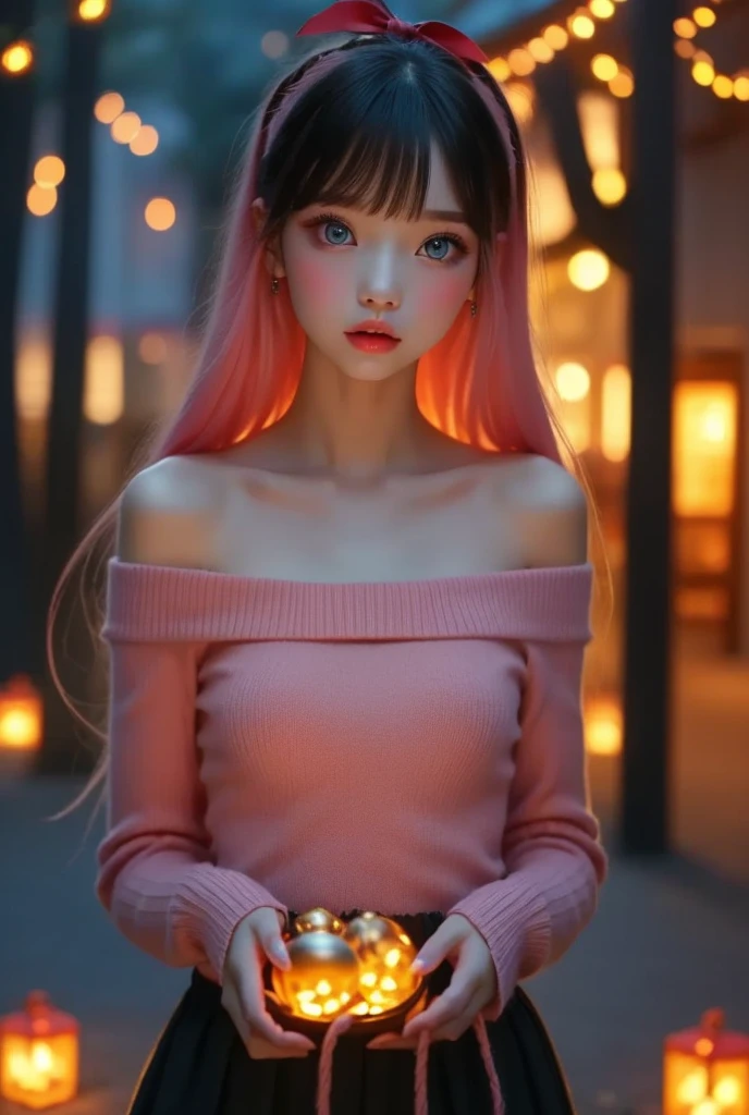 Very realistic, Hyperrealism , super real , (masterpiece, refined eyes with attention to detail : 1.2), (cute), -yeld gishe is a girl with smooth shiny black pink hair.,age 15 、 mas Decorations at Night at the Park When Snow Pours and Pile Up、 stand with a Christmas present in your hand, red ribbon、The length of the hair is shoulder length , Contrasting with her very pale skin. your eyes are deep blue , plump, Shiny pink lips . Her gaze is sharp 、mysteries.. She has a clear face, beautiful face and sharp expression , off-shoulder、white mini sweater dress、 black tights,Black High Heels,