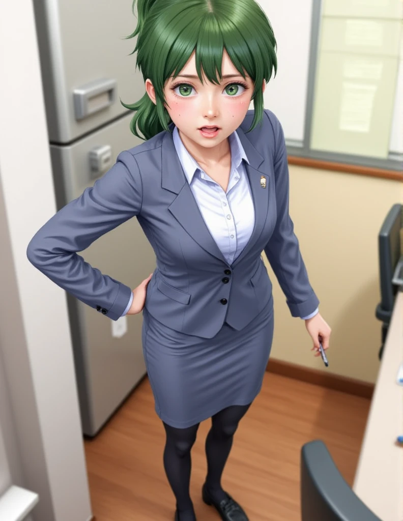 1girl, igarashi_futaba_(shiromanta), skirt, pantyhose, solo, office_lady, shirt, green_eyes, jacket, green_hair, office, blush, collared_shirt, ponytail, white_shirt, shoes, indoors, standing, black_footwear, pen, looking_at_viewer, grey_skirt, blurry, pencil_skirt, formal, open_mouth, dress_shirt, suit, long_sleeves, black_pantyhose, open_clothes, medium_hair, bangs, skirt_suit, full_body, sidelocks, blue_jacket, blurry_background, open_jacket, depth_of_field, sweatdrop