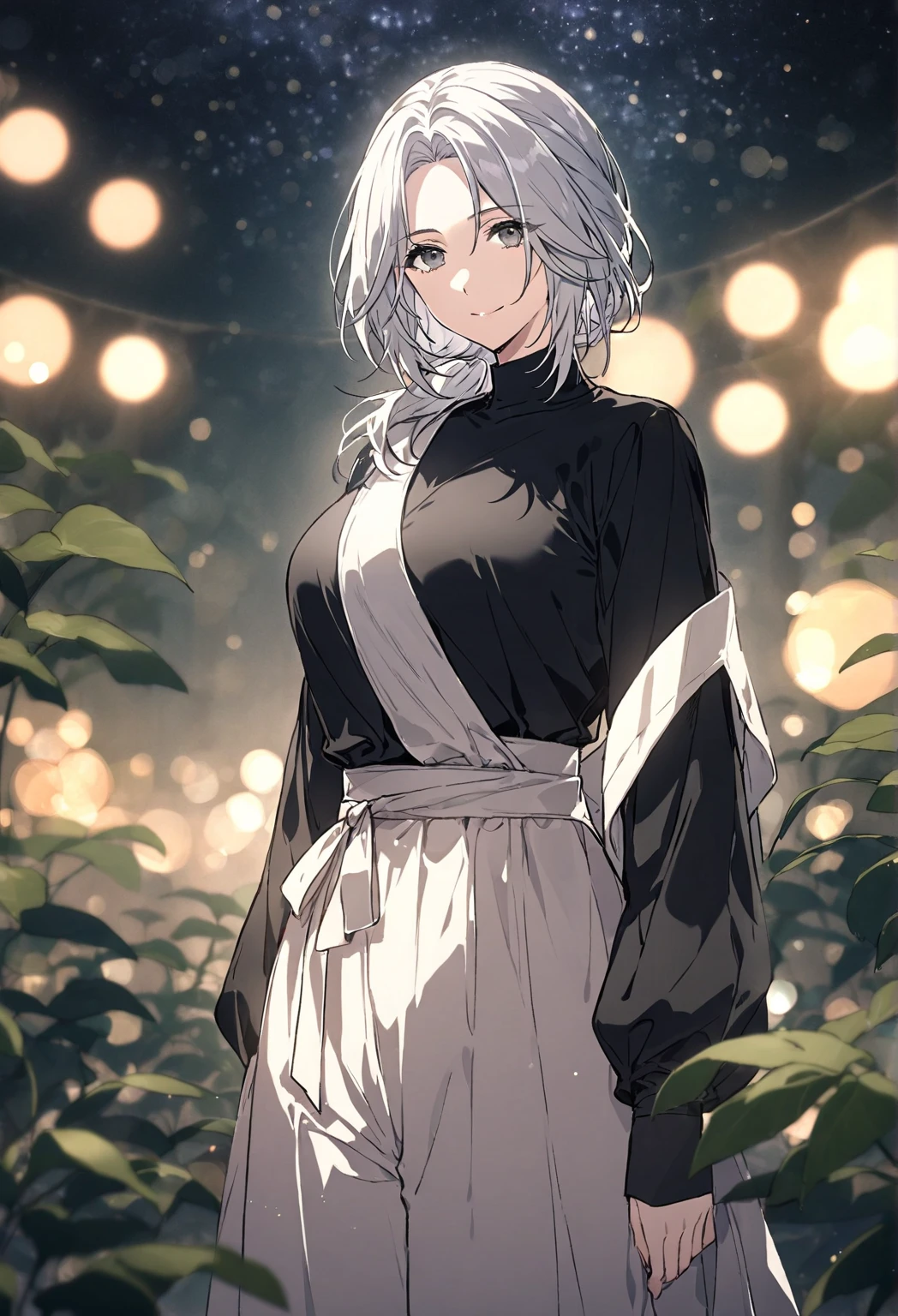 Tatiana Cartien, large breasts, solo, alone, standing, A mature woman with silver hair with loose ponytail, and grey eyes, calm, elegant, black shirt and pant, close mouth, smile, standing on a magical dreamy celestial forest alone, fantasy deserted land, night sky, cinematic depth of field, bokeh, looking at the viewer,