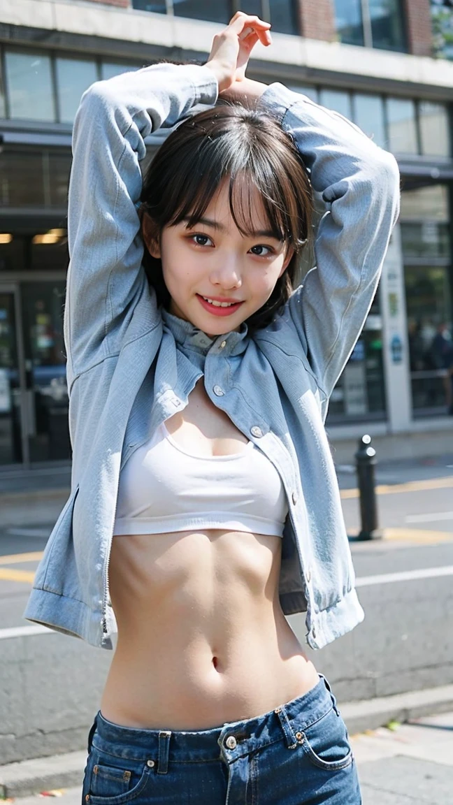 nsfw,Cute Japan high school girl、1 high school girls、Standing side by side、Leather tiny micro mini skirt, small denim jacket、Trained abdominal muscles、Cowboy Shot、((wet body with white liquid)) ,earrings,necklace,bracelet,smile,groin is visible,twintail,