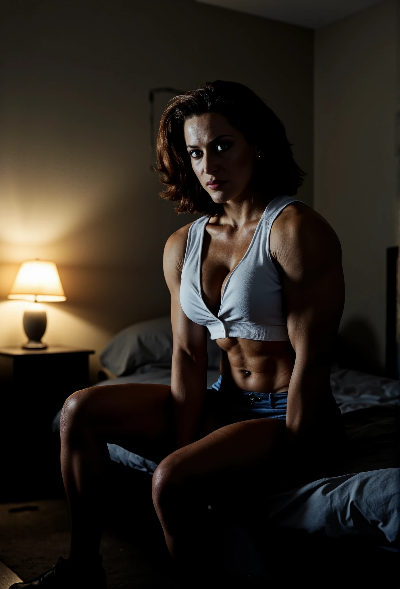 Photo realistic, movie still, Dana Scully muscle girl, MuscleMommy, sitting on bed, wearing a black formal skirt. Her white shirt is opened revealing her (6 pack abs) and cleavage, in a decaying motel room, very dark lighting, only light source is a small bedside lamp, highlighting her (visible muscles), (biceps )and 6 pack (abs), delts/shoulders