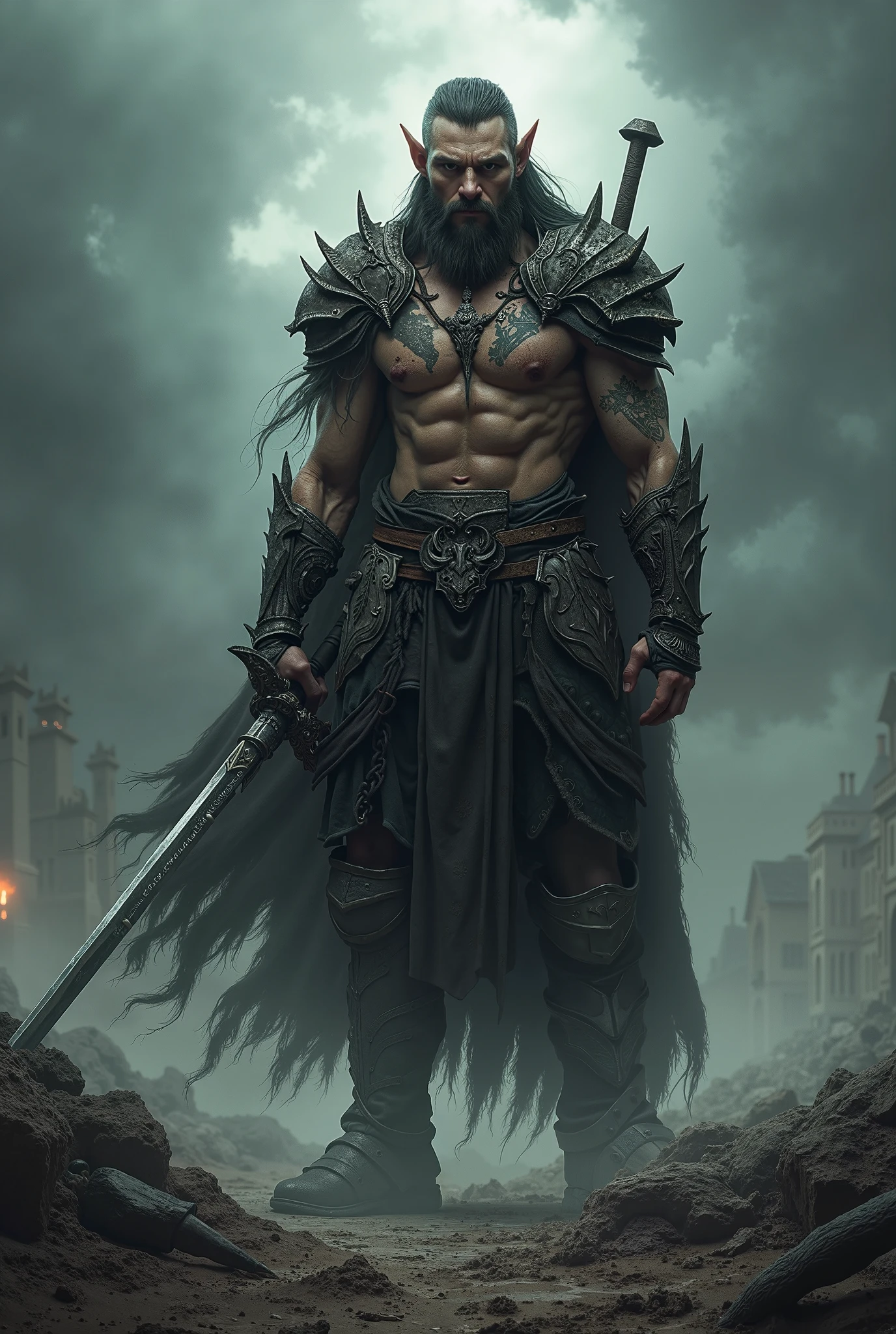 Arafed male warrior with a sword and armor standing in a city - SeaArt AI