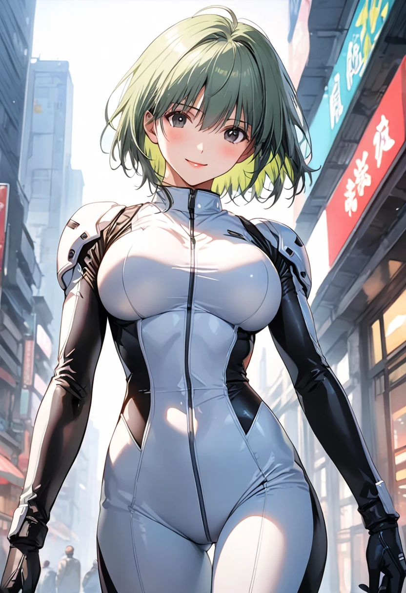 masterpiece, BestQuality, High resolution,16k,official art,super detailed skin,detailed,animated painting,(aina sahalin1.3),1990s \(style\),(F-cup beautiful breasts:1.3), (tall:1.2),(height: 170cm,Fashion model body type:1.2),pointed eyes,black eyes,green hair,short cut hair,(athletic Muscular:1.2)、pilot suit,1girl,solo,nsfw,sexy,cool face,light smile,shy,blush,Anime-style painting style,Close up on full body,Cinematic lighting,Superfine,in the city