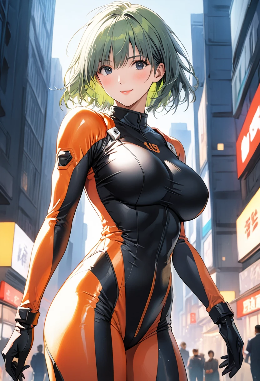 masterpiece, BestQuality, High resolution,16k,official art,super detailed skin,detailed,animated painting,(aina sahalin1.3),1990s \(style\),(F-cup beautiful breasts:1.3), (tall:1.2),(height: 170cm,Fashion model body type:1.2),pointed eyes,black eyes,green hair,short cut hair,(athletic Muscular:1.2)、pilot suit,1girl,solo,nsfw,sexy,cool face,light smile,shy,blush,Anime-style painting style,Close up on full body,Cinematic lighting,Superfine,in the city