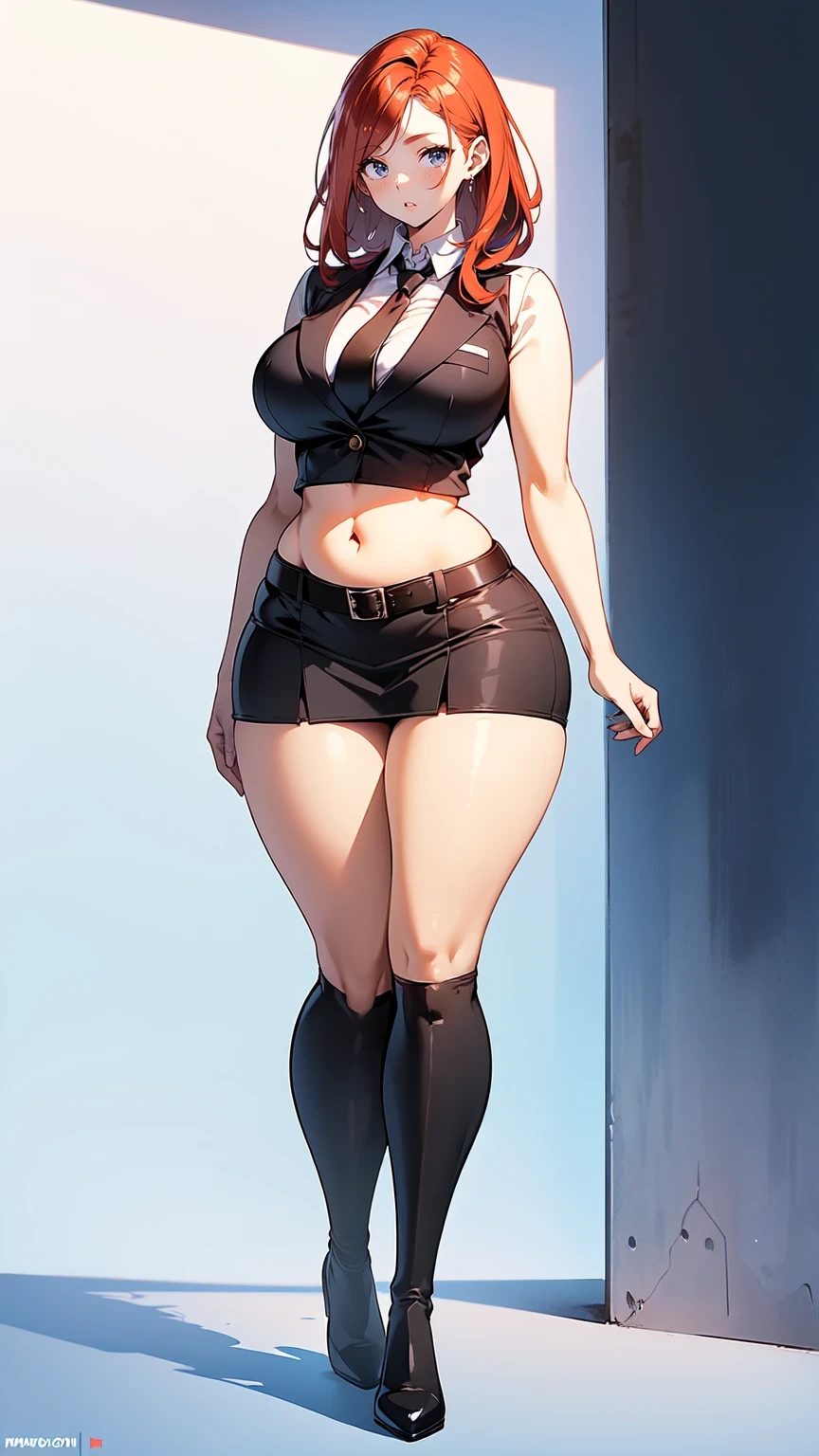 blank background, (((full body))), (masterpiece), ((best quality)), ((tall girl)), straight hair (curvy:1.7), (short skirt), shoes, belt below navel, redhead hair,, (black suit and tie), wide hips