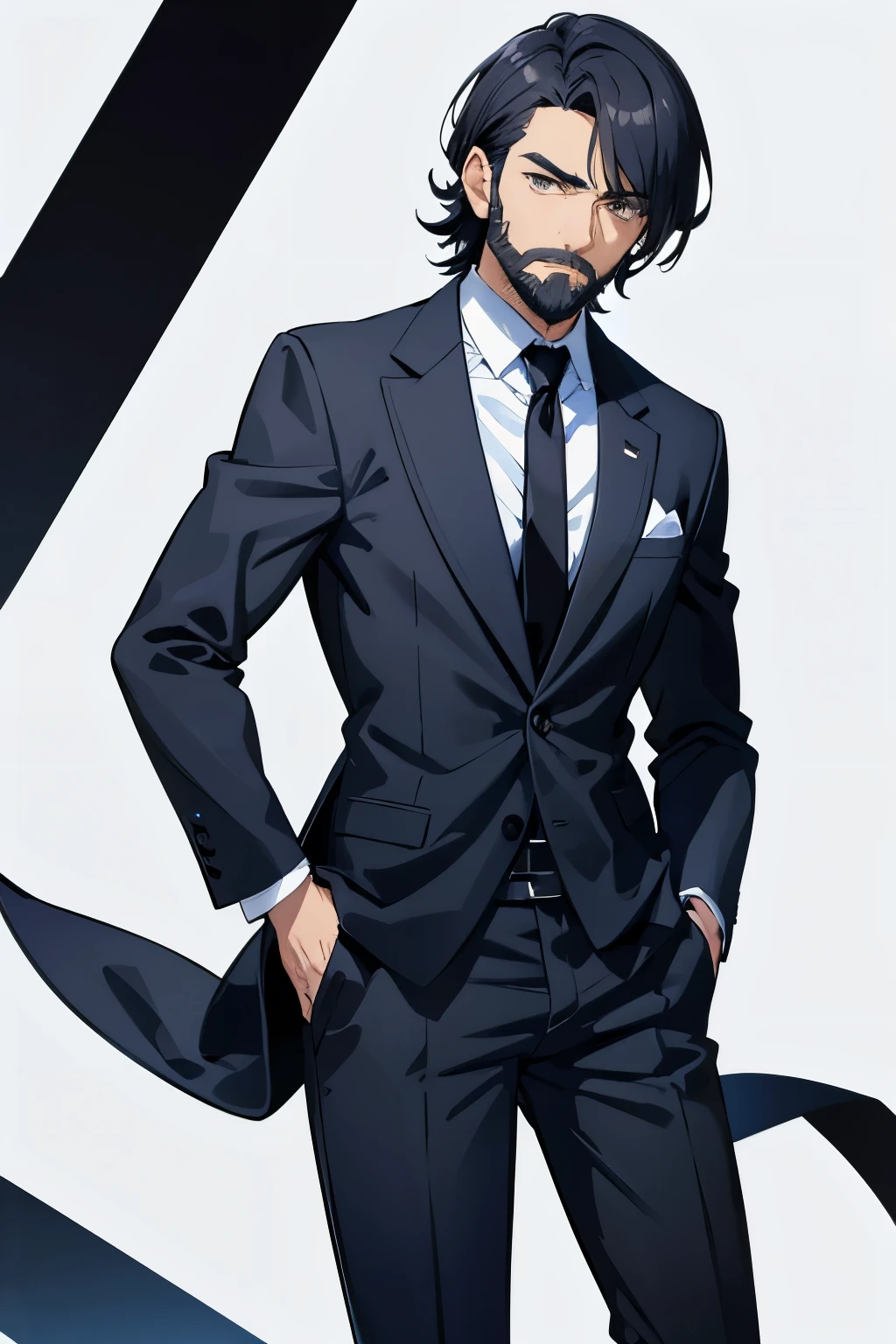 One Gentleman、Handsome man、Handsome uncle、unshaven beard、solo、cowboy shot、A photo showing your body from your thighs to the top of your head、Front facing、Standing facing forward、Standing facing the camera、Black Hair、Premature gray hair、Short Hair、Iris、Bangs parted 7:3、Glaring expression、Black business suit、Blue tie、White background