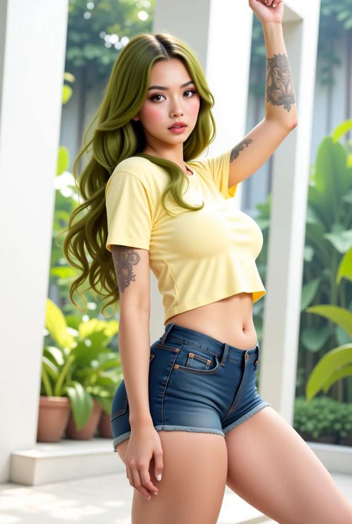 (Masterpeace,  HIGH QUALITY, high resolution,  Realistic photo,  photography),  beautiful girl, with clear eyes,  long green hair wavy on her shoulders,  big beautiful breasts ,  beautiful and detailed face , beautiful butt ,  Angelic Look,  Beautiful legs , tatuajes,  great detail of body and face in a sensual and erotic pose.  Great detail of the background and environment . Beauty with a beautiful and lush body , sexy, Red lips.  long loose hair . Denim shorts and yellow t-shirt