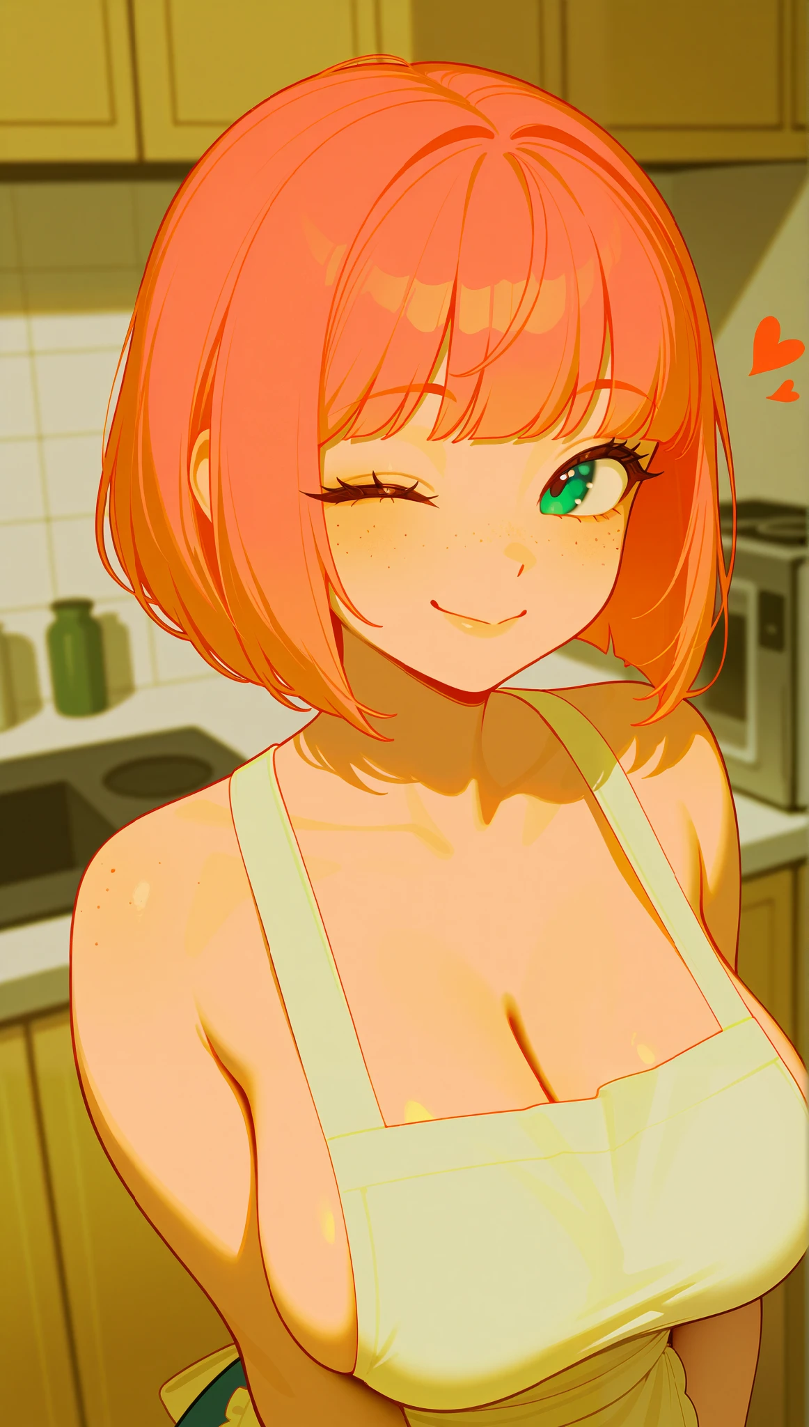 A close up portrait of a girl, classic bob, apron, amazing body, pronounced feminine feature, busty, kitchen, [ash blonde | ginger | pink hair], freckles, flirting with the camera, mischievous wink