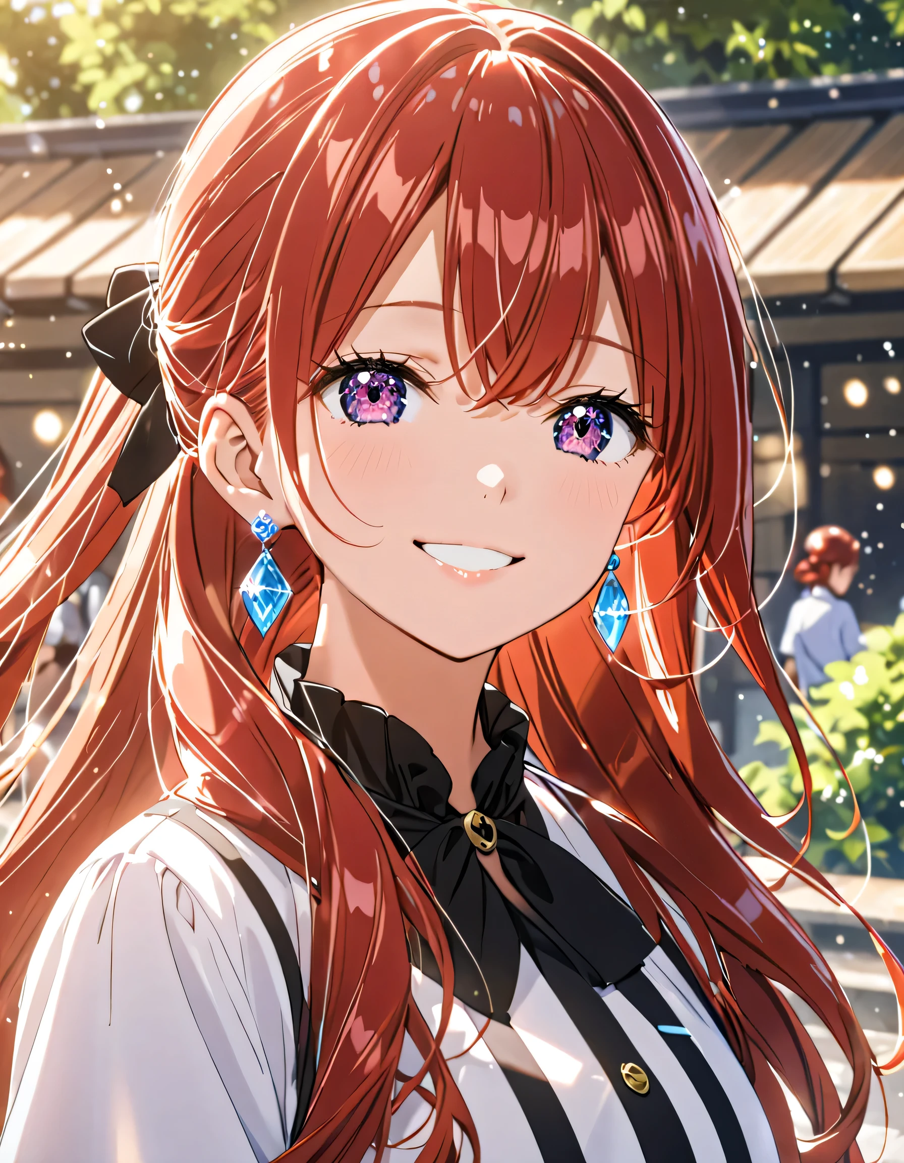 Age 23, fille、 roux、 long hair, queue de cheval, earrings for women 1 person , upper body, smile , 意地悪な smile,images d'anime