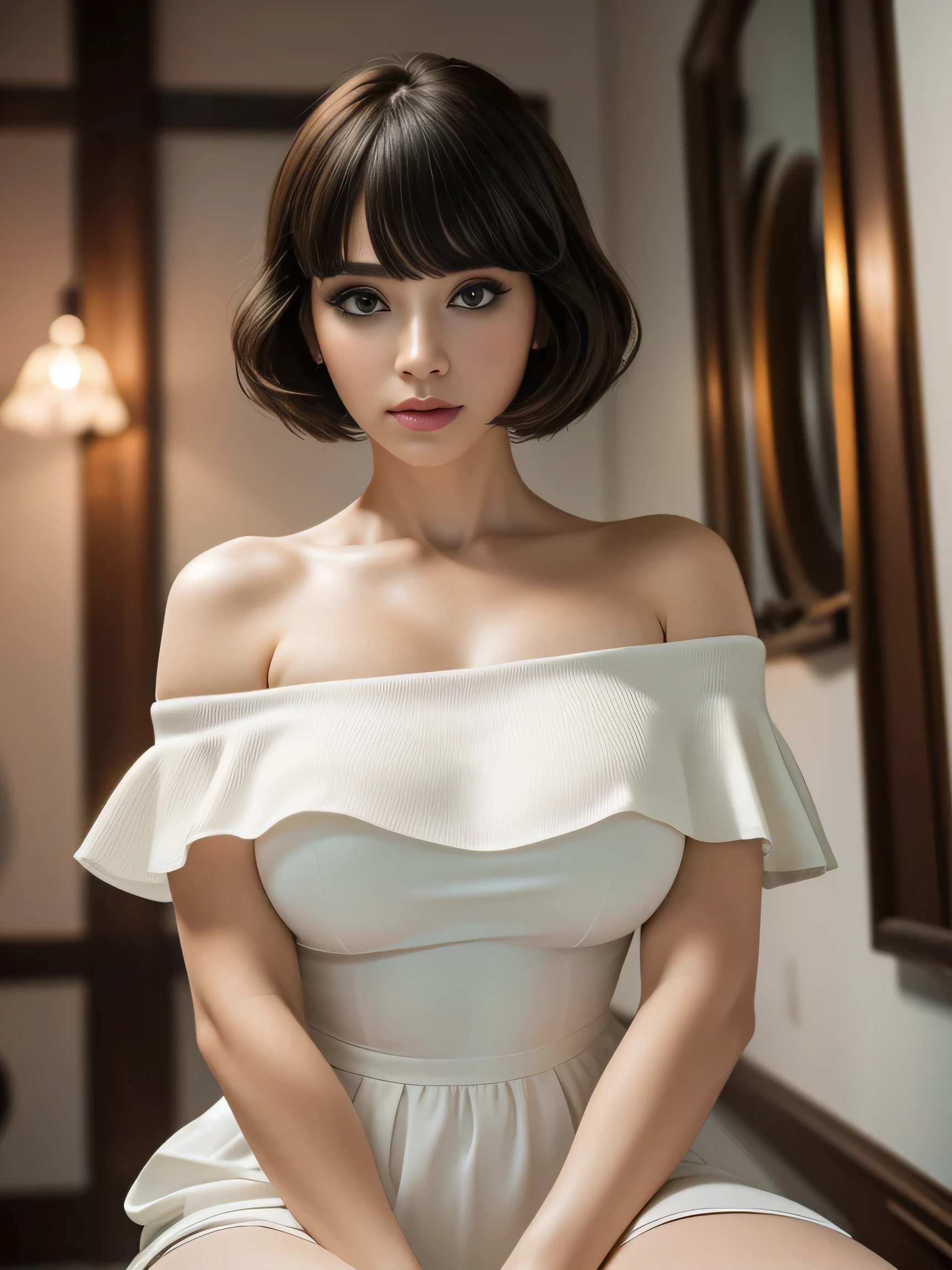 8K-quality, UHD, (HDR), RAW-photo, (Realistic:1.5), Subject is in the center of the frame, From head to knees, (Looking at the viewer:1.3), Absolute masterpiece,
White off-shoulder dress that is depicted in ultra detail, White tights, Indoors, BDSM-room, Part of the wall is made of iron bars,
(Huge breasts:1.2), Full make-up, Lip make-up, Glossy skin, Bangs, Short wavy bob, Very beautiful woman