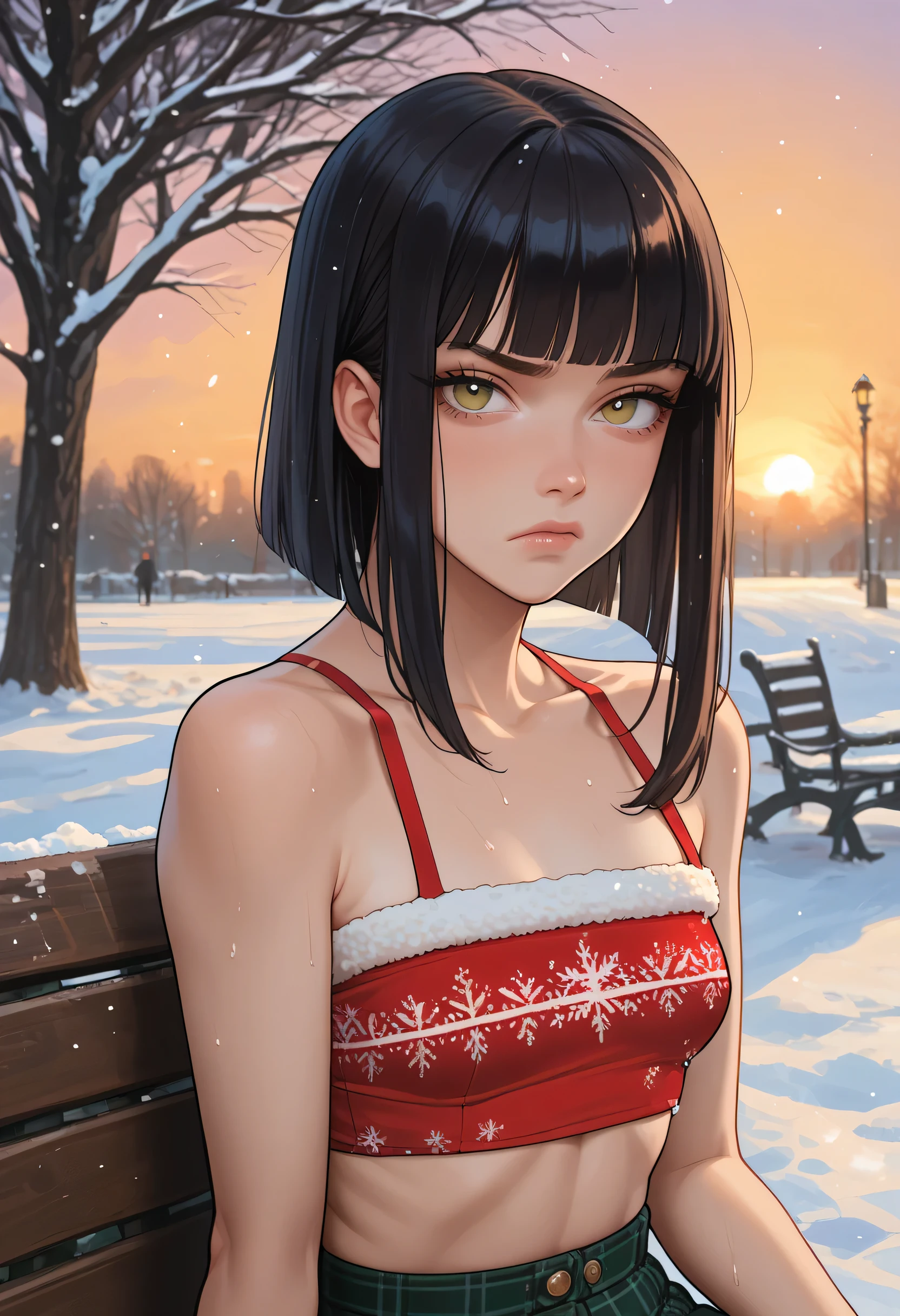 1girl, annoyed expression, (olive light eyes) (small cropped top:1.4), Christmas, cold and snow, DARK HAIR, hime cut, looking at viewer, park back, sitting, small breast, (small slim Body), portrait. (Sunset:1.4), score_9, score_8_up, score_7_up.