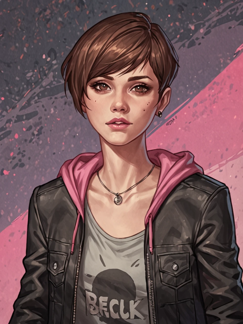 score_9,score_8_up,score_7_up,score_6_up, BREAK
brown hair, short hair, brown eyes, pink lips
grey shirt, pink hoodie, black leather jacket, black earrings, necklace
, looking at viewer, 
, colorful abstract background, textured portrait backdrop:1.1)
moirare,wearing platform heels 