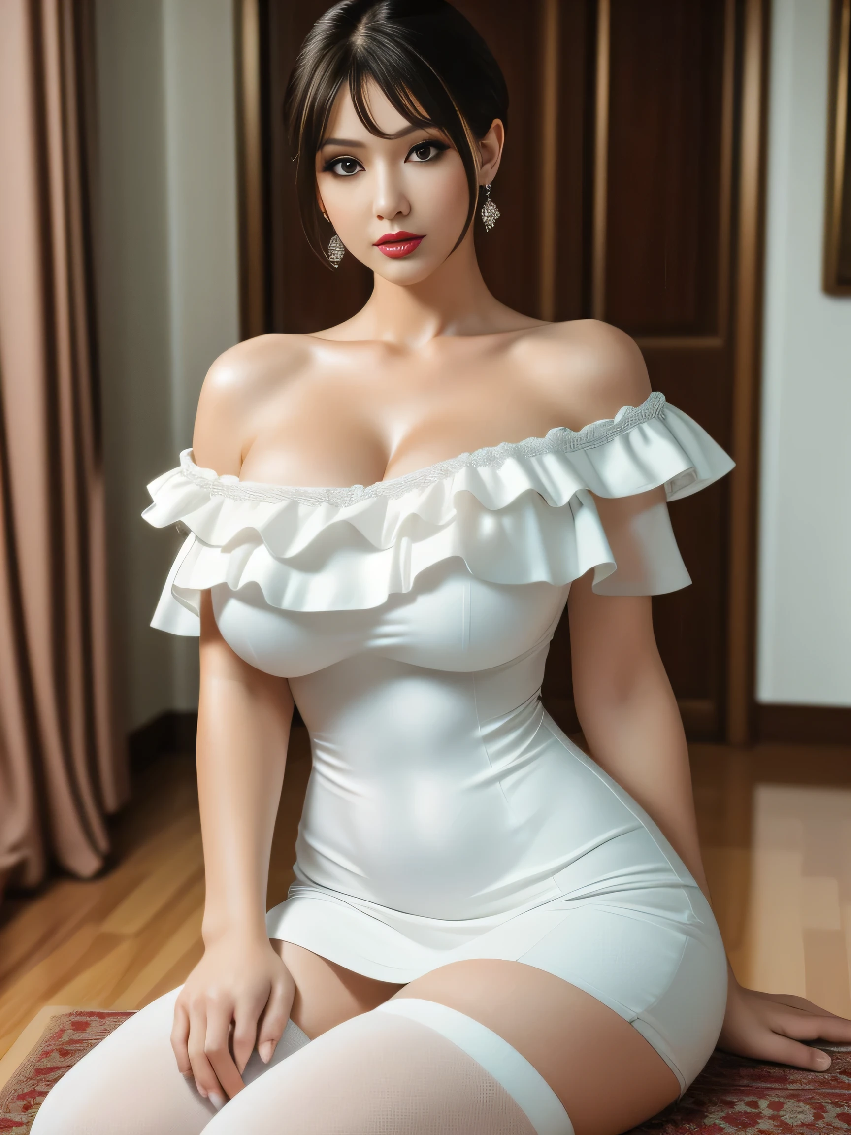 8K-quality, UHD, (HDR), (RAW-photo:1.5), (Realistic:1.5), Subject is in the center, (Looking at the viewer:1.5), Absolute masterpiece,
White off-shoulder dress that is depicted in ultra detail, White tights, Indoors, BDSM room,
(Huge breasts:1.1), Full make-up, Red lip, Glossy skin, Bangs, Short wavy black bob, Very beautiful woman
