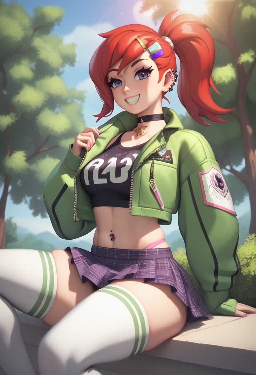 (masterpiece, best quality, 4k, aesthetic, detailed, intricate),outside,sunlight,sitting, sportkhth, thighhighs,1girl, frankiefoster,ponytail, choker, hairclip, hair ornament, shirt, green jacket, piercing, midriff, skirt,grin,thick thighs  