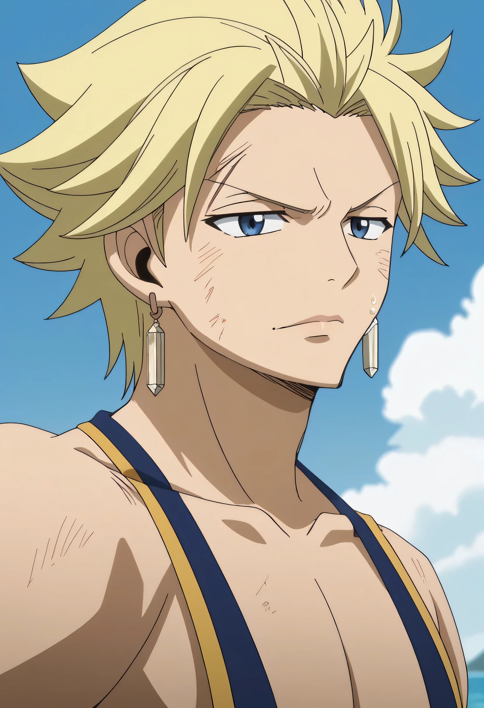 score_9, score_8_up, score_7_up, source_anime, rating_safe, StingFT, Sting blonde hair, light yellow Sting single earring, 1boy, male focus, anime screencap, blue swimsuit on the beach